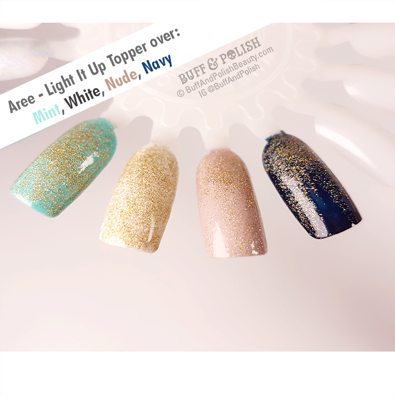 Buff & Polish - Aree Light It Up Topper polish swatch over mint, white, nude & navy