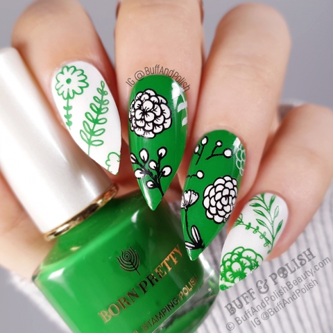 Buff & Polish - Born Pretty Green Stamping Polish Florals nail art