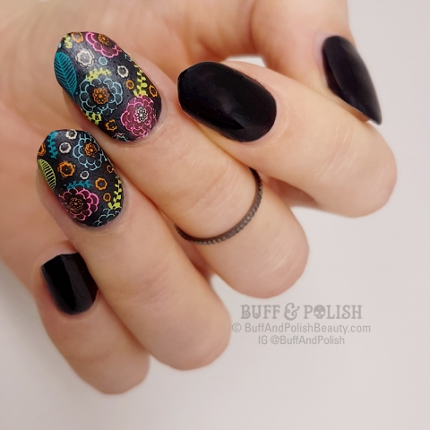 Buff & Polish - Black Gel with Neon Florals Nail Art