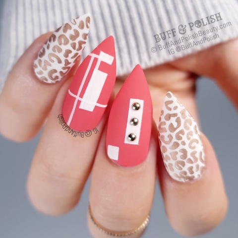 Buff & Polish - Coral Cheetah Geometric with Studs nail art